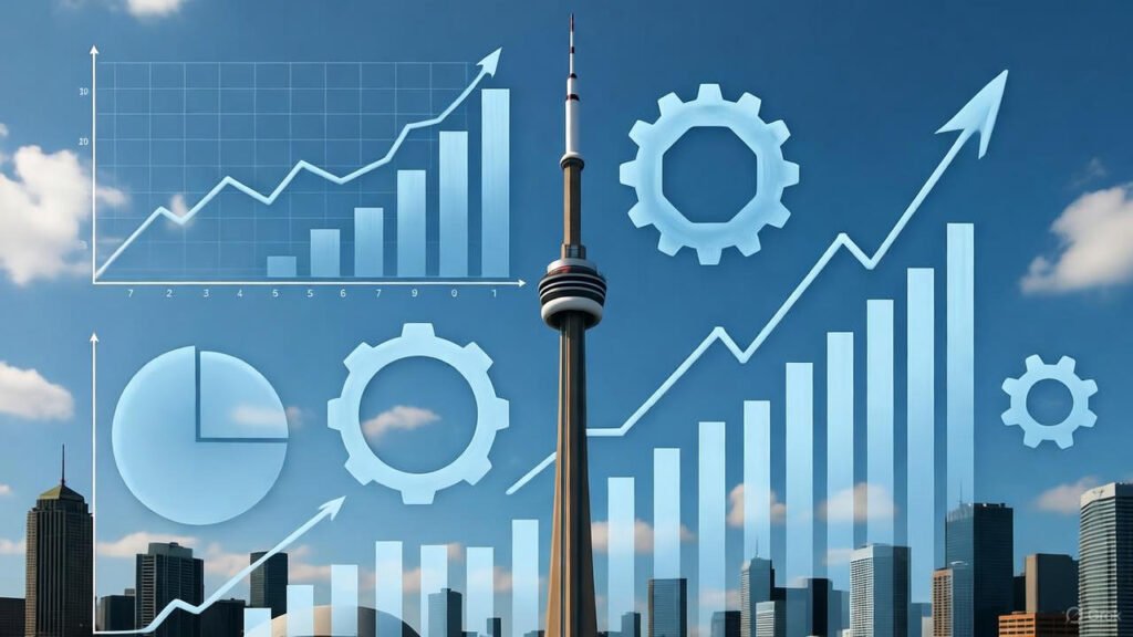 A promotional banner for "Business Process Optimization in Canada," featuring a cityscape with the CN Tower and digital charts and gears symbolizing efficiency and growth, with the text "Strategies for Efficiency and Growth" and the logo "WittySolutions."
