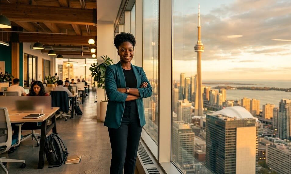 A confident young Black female startup founder standing with arms crossed in a modern Toronto co-working space, symbolizing Startup Growth against a golden hour skyline featuring the CN Tower.