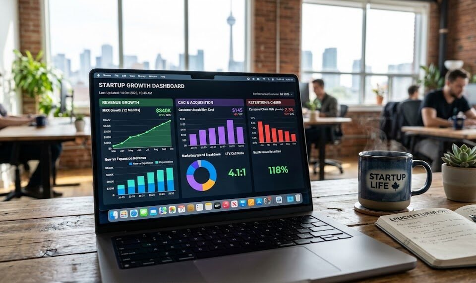 Startup metrics dashboard for tracking progress in the startup growth cycle
